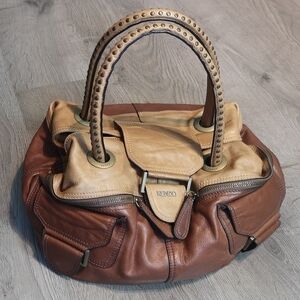 Vintage-style Oversize Kenzo 2tone Brown Luxury Leather Satchel Handbag